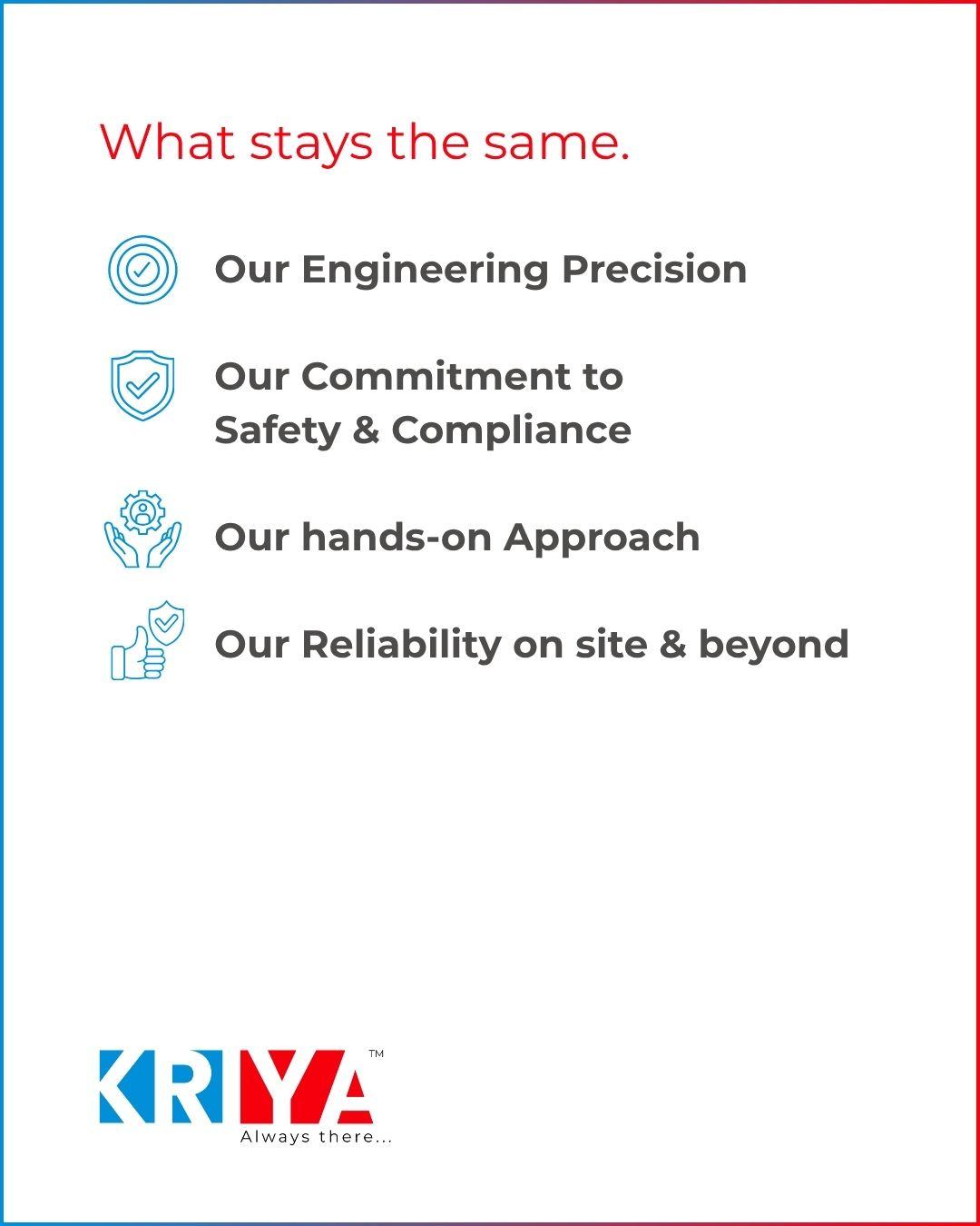 Kriya Engineers brand post listing engineering precision, safety compliance and reliability values