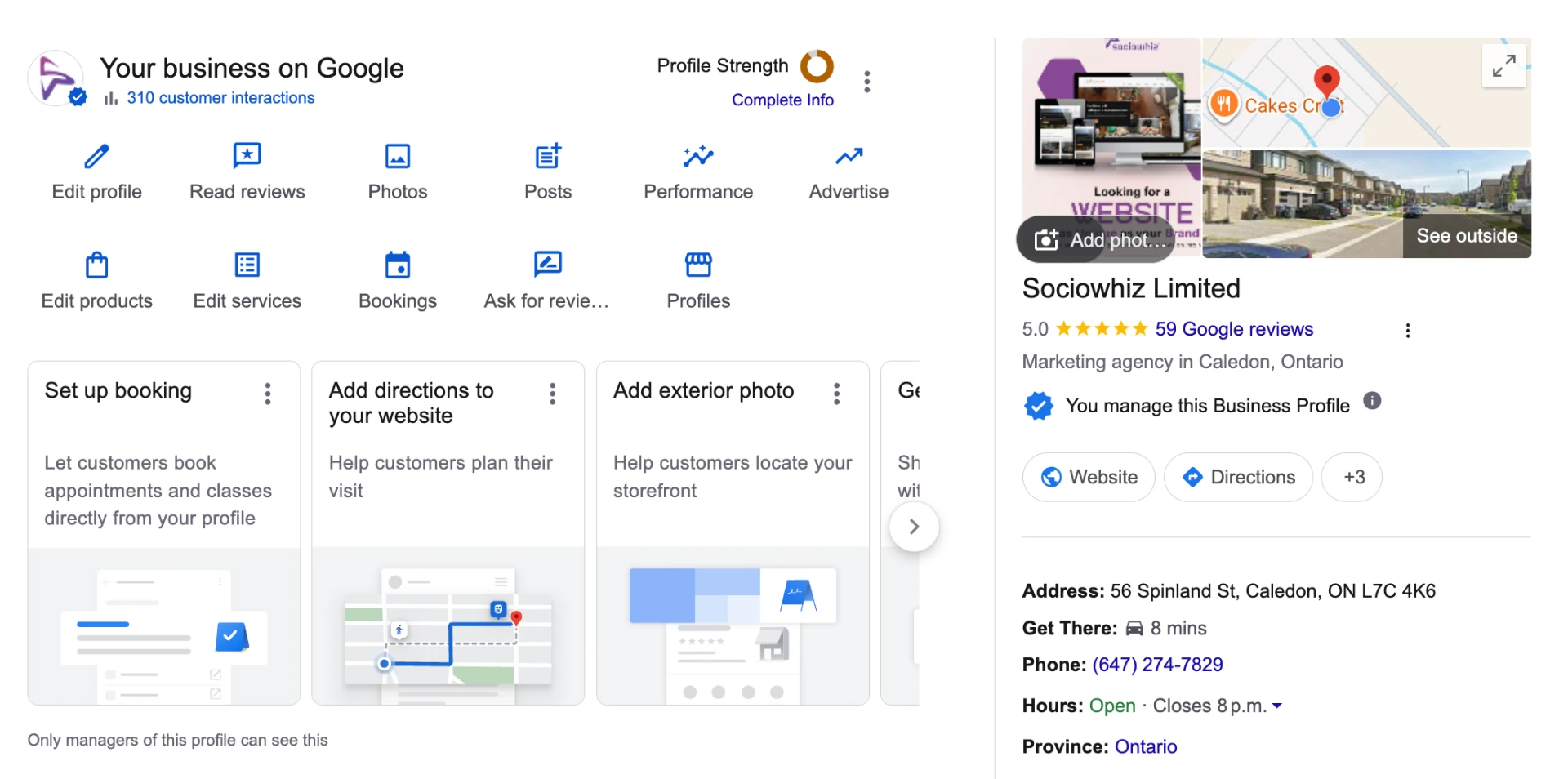 Google Business Profile dashboard headed Your business on Google for a marketing agency, showing a five star rating, review count and action tiles