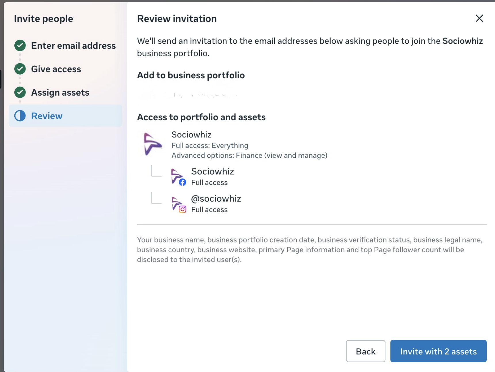 Review invitation screen listing full portfolio access, Finance permissions and two assigned assets with an Invite button