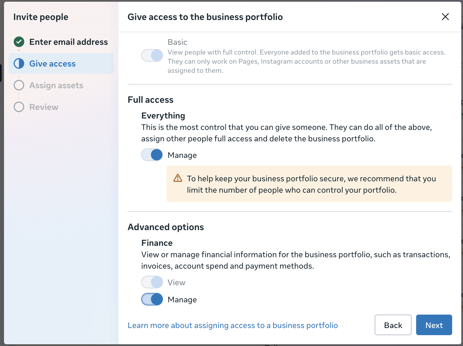 Give access screen with Full access switched on and Advanced options showing Finance permissions