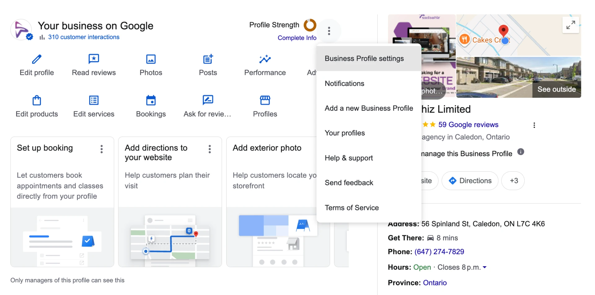 Three dot menu open on a Google Business Profile dashboard with Business Profile settings highlighted as the first option