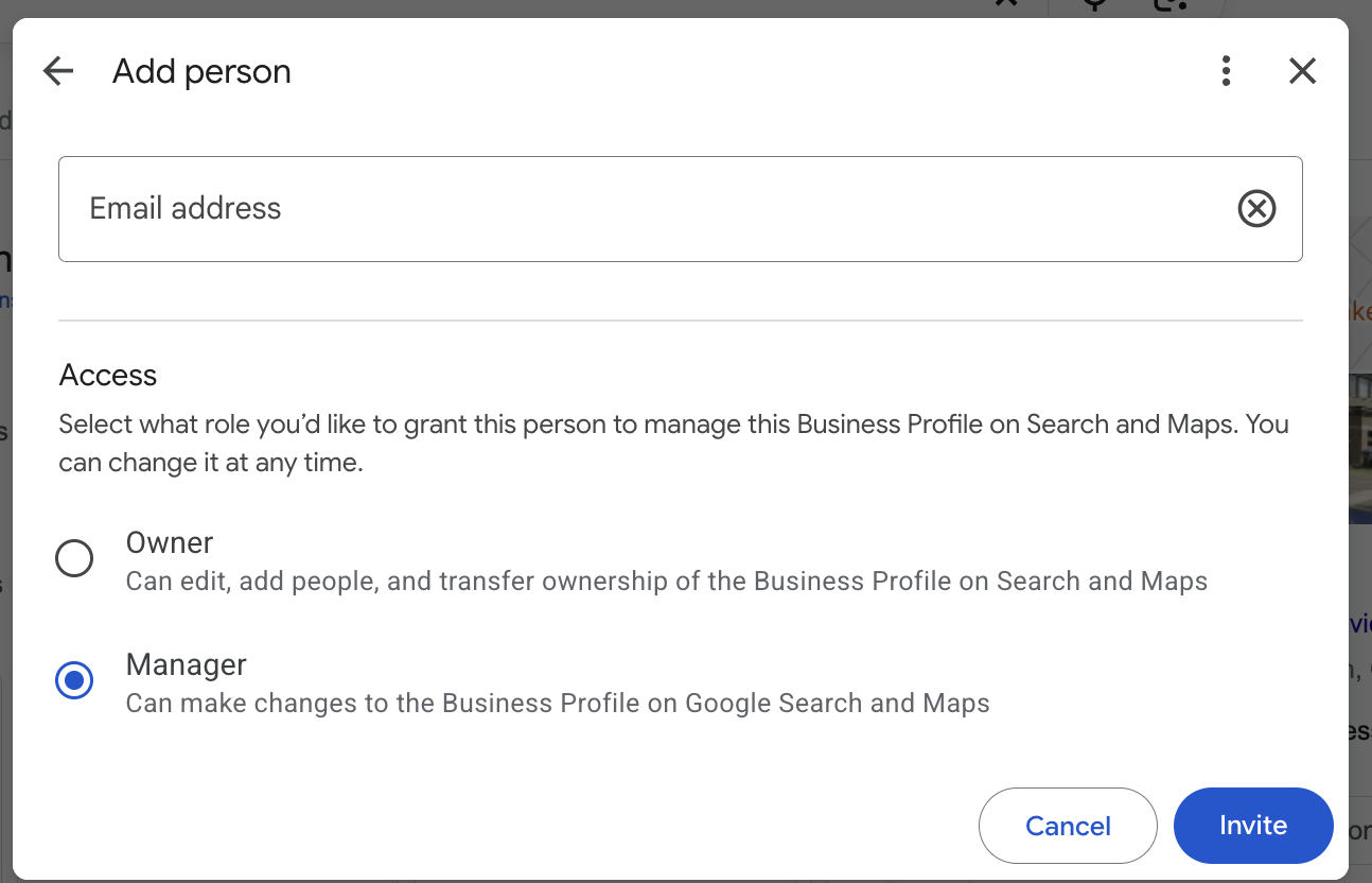 Add person panel with an email address field and the Access section showing Owner and Manager roles, with Manager selected and a blue Invite button