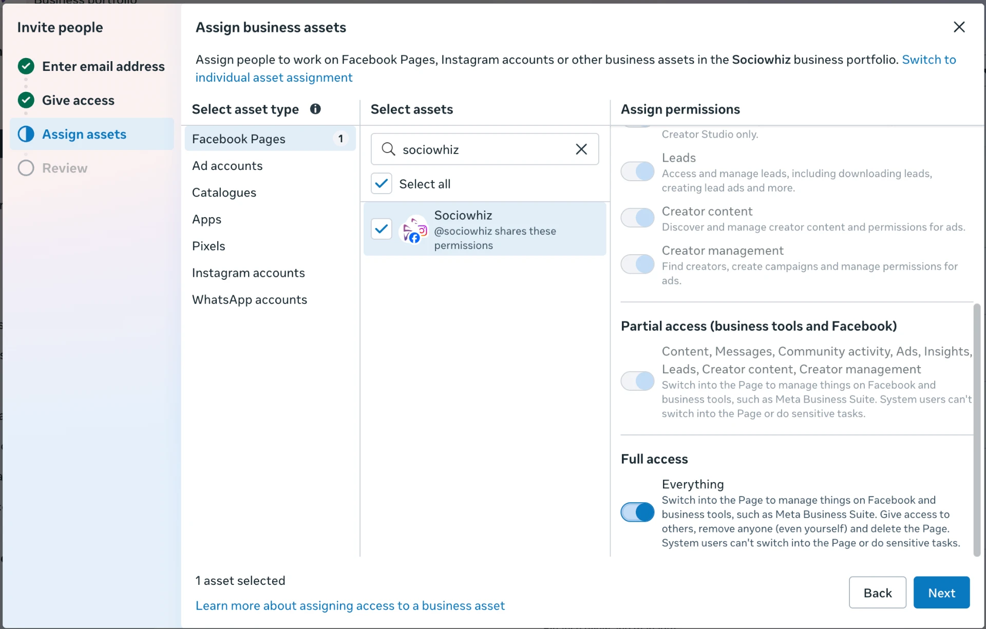 Assign assets screen with asset types, a selected Facebook Page and Full access permissions switched on
