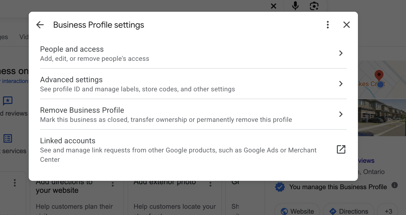 Business Profile settings dialog with People and access listed first, followed by Advanced settings, Remove Business Profile and Linked accounts