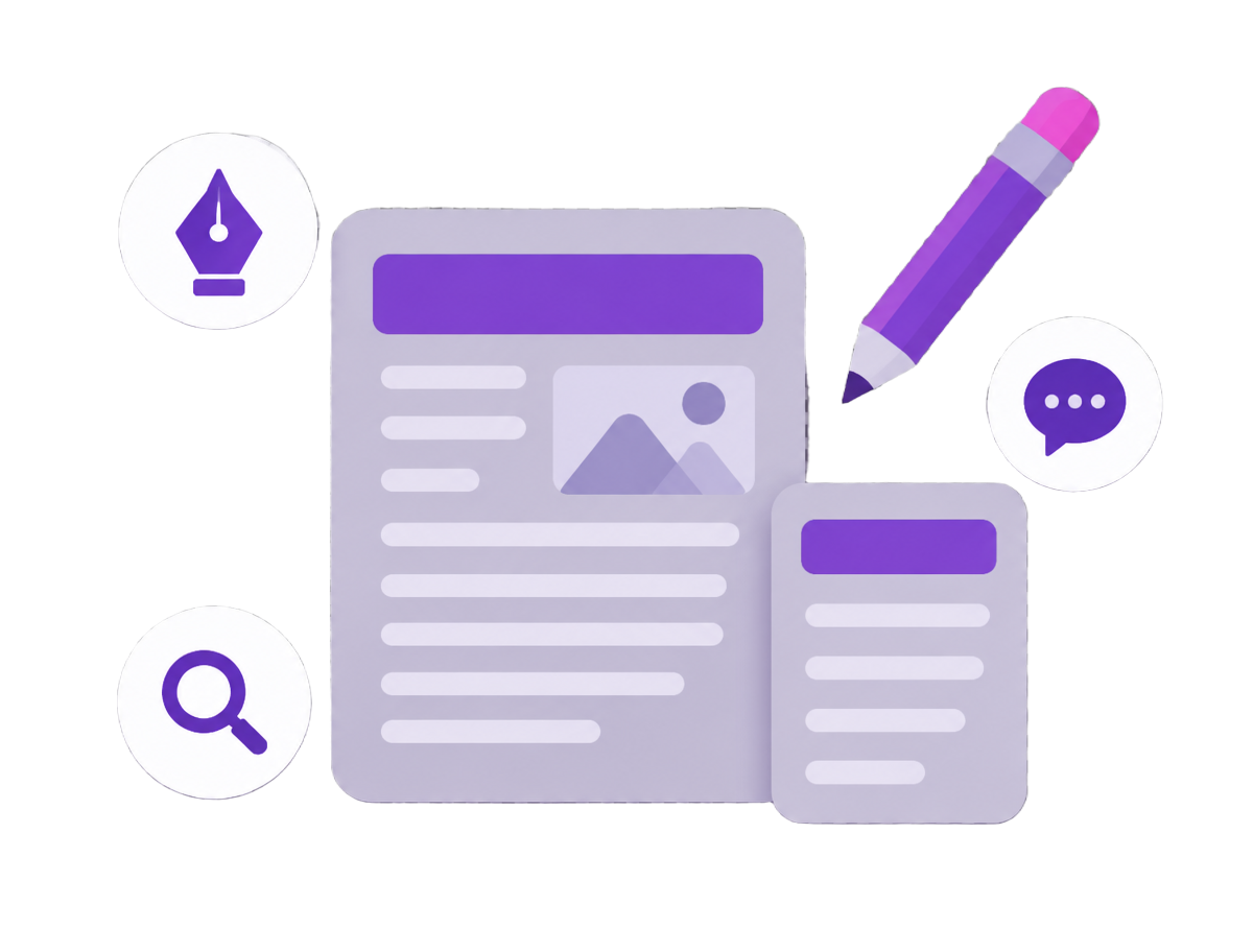 SEO blog writing article draft with search and AI answer icons