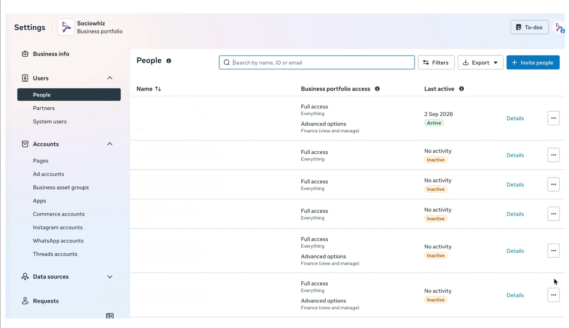 Meta Business Settings People page with the blue Invite people button