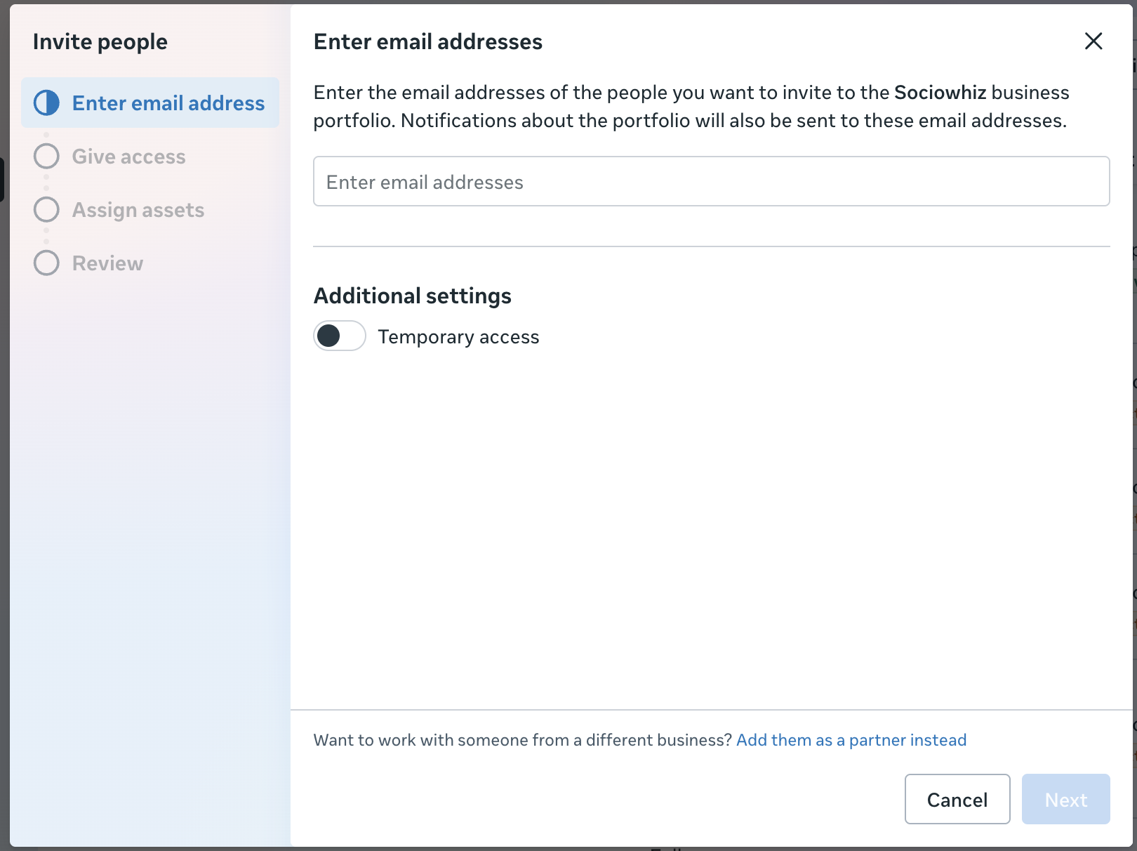 Invite people panel with an email address field and a four step progress list