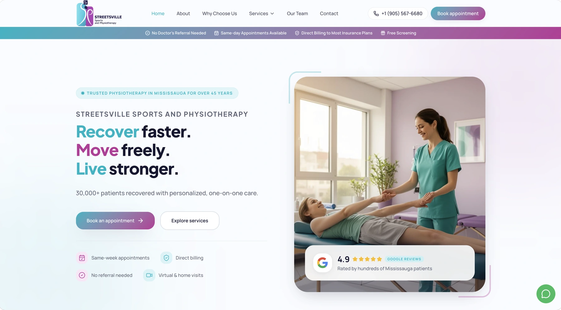 Streetsville Sports and Physiotherapy. website design and development by Sociowhiz for a health & wellness business