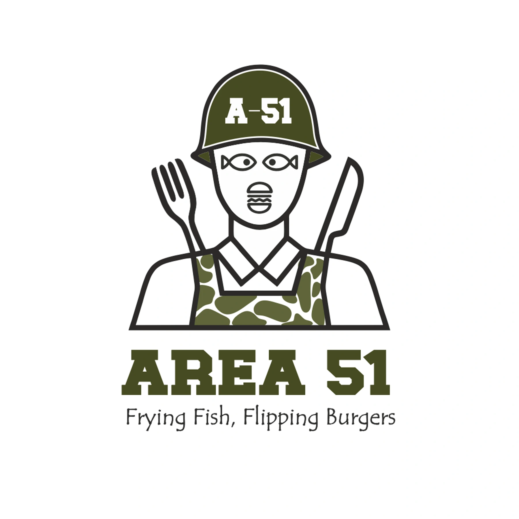 Area 51 - Frying Fish, Flipping Burgers brand and logo design work by Sociowhiz for a food & restaurant business