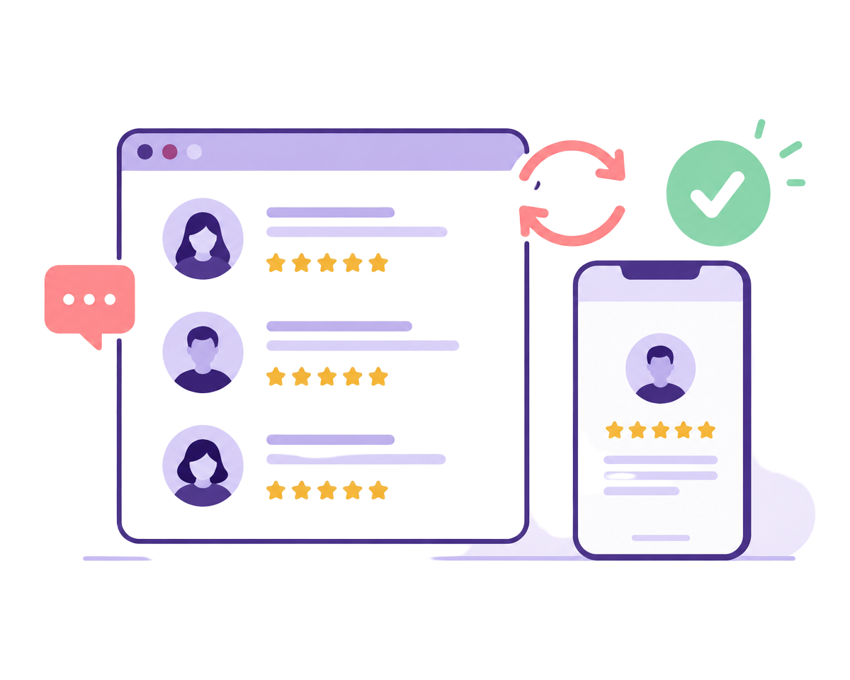 Illustration of Google review widgets on desktop and mobile with syncing and customer ratings