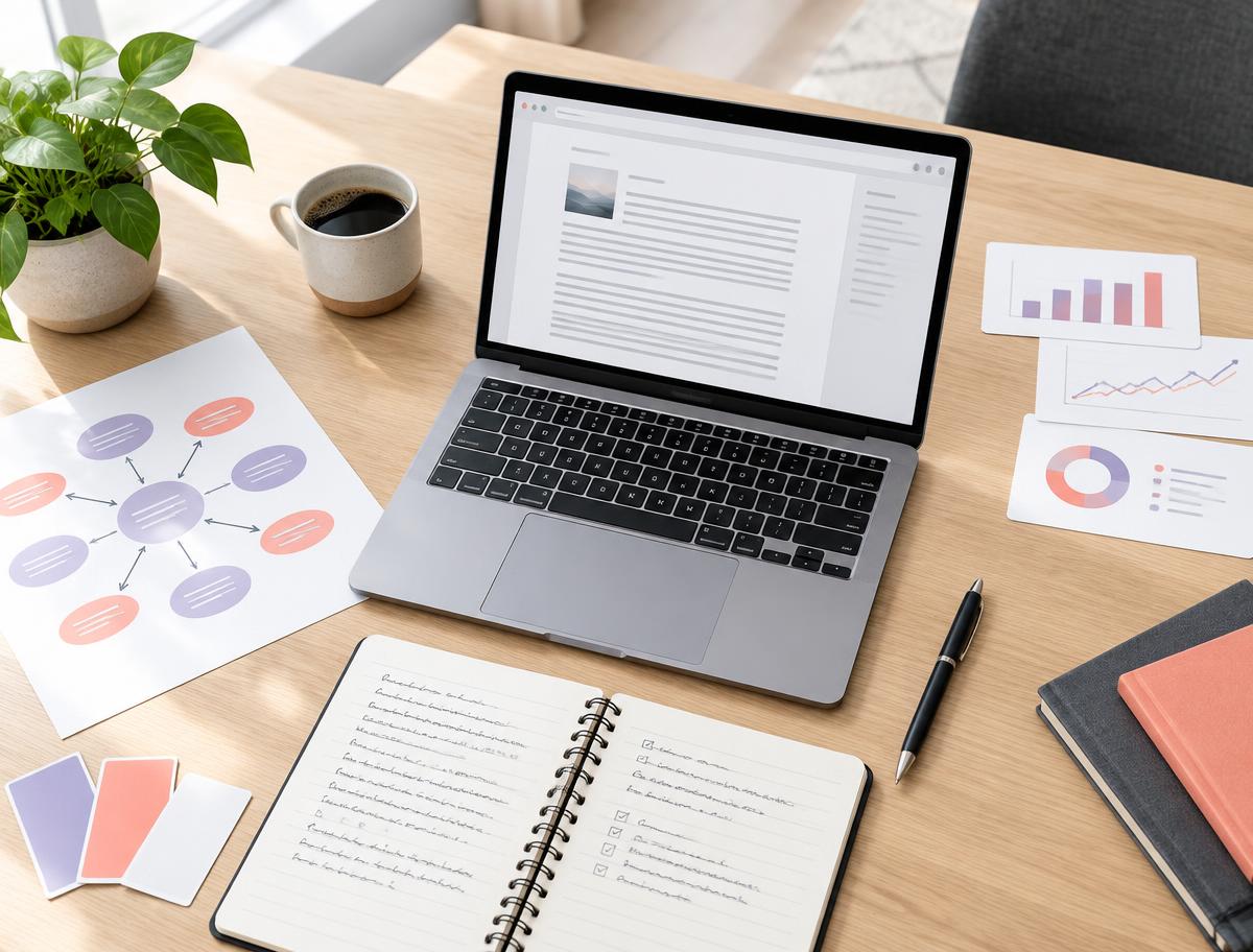 SEO blog writing workspace with an article draft, keyword map and content analytics