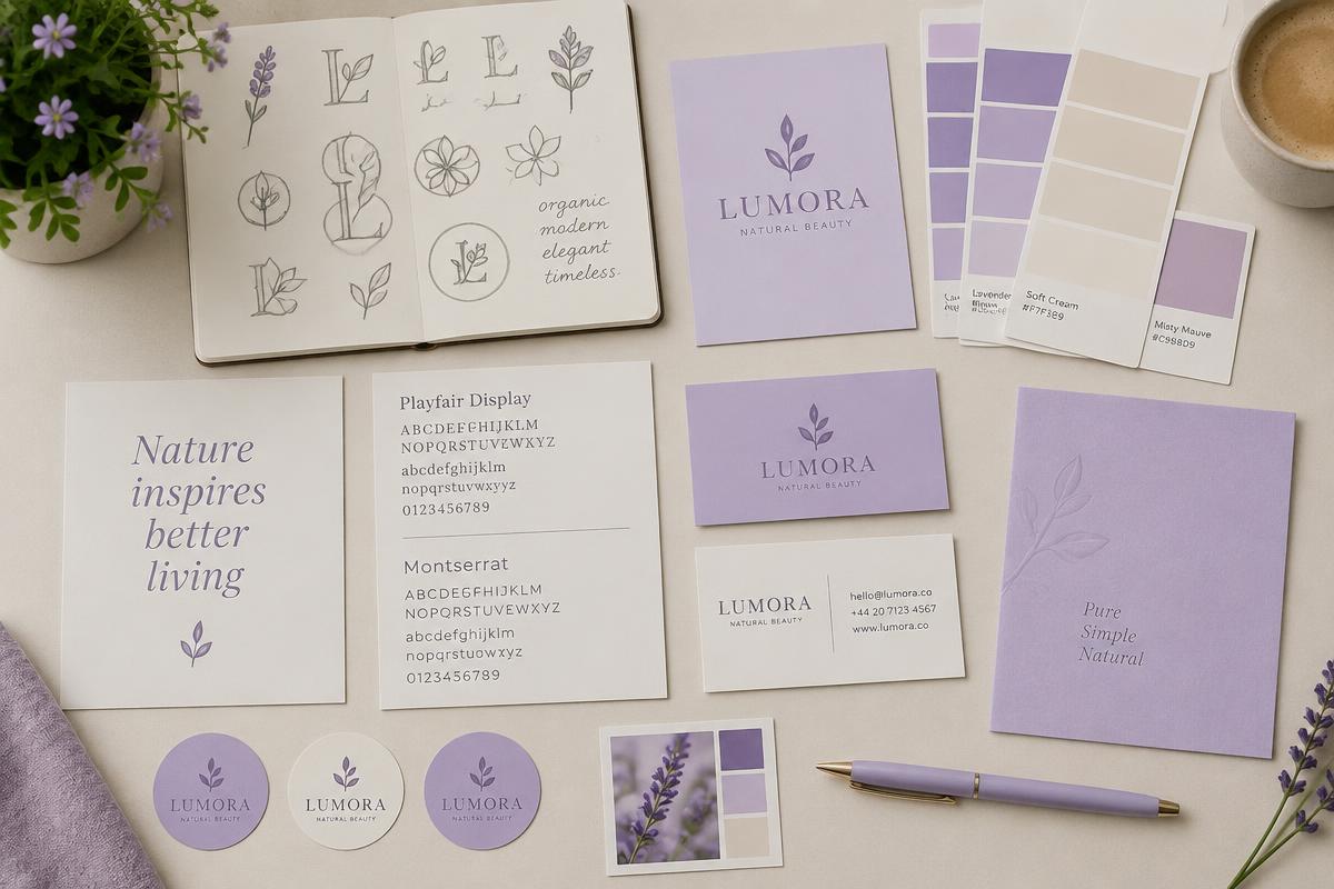 Brand identity materials including logo sketches, colour swatches and typography prints on a desk