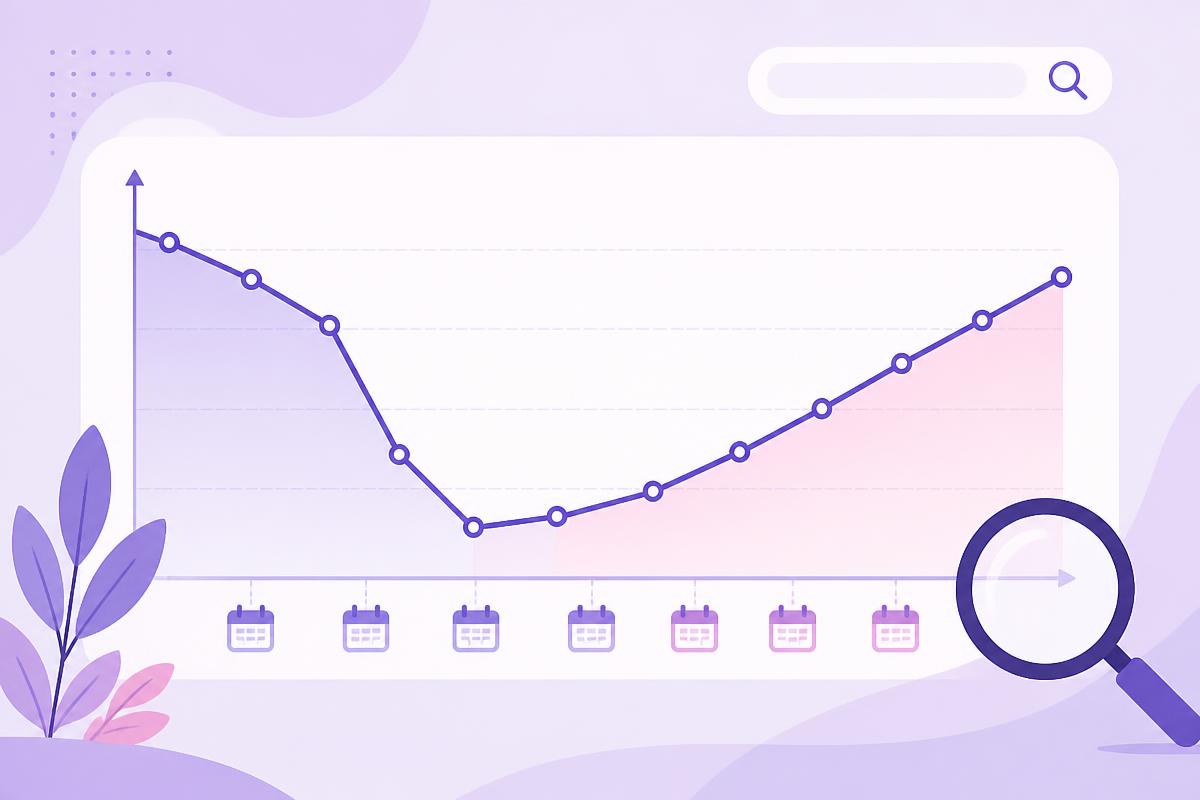 Line chart showing search rankings dropping and slowly recovering across several months