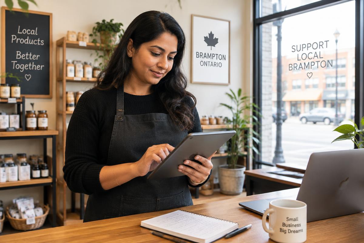 Brampton small business owner reviewing social media posts for her local store on a tablet
