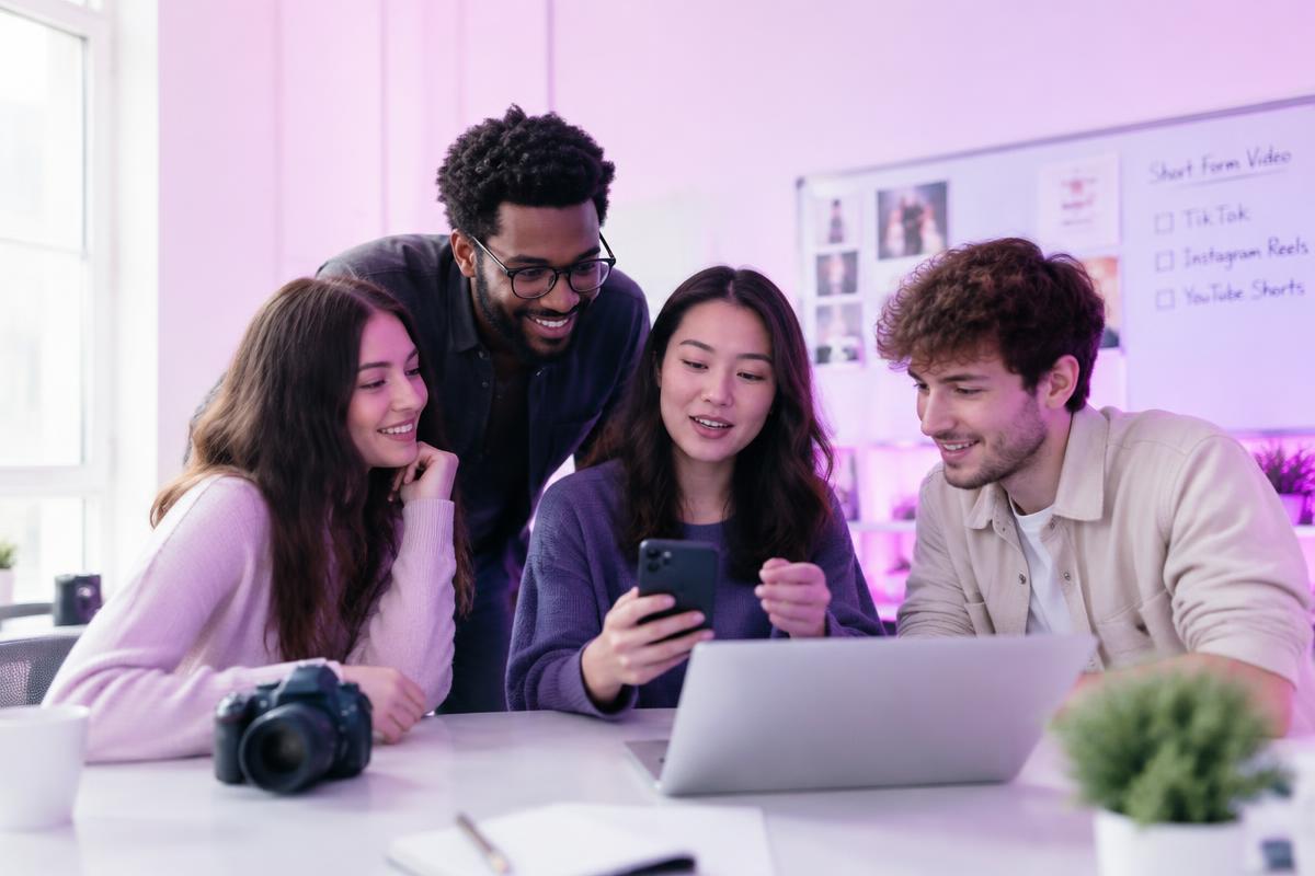 Marketing team reviewing short form video content on a phone and laptop