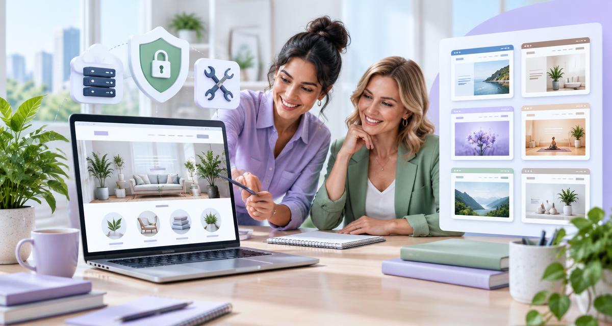 Business owner and web designer comparing a managed website with a selection of website templates