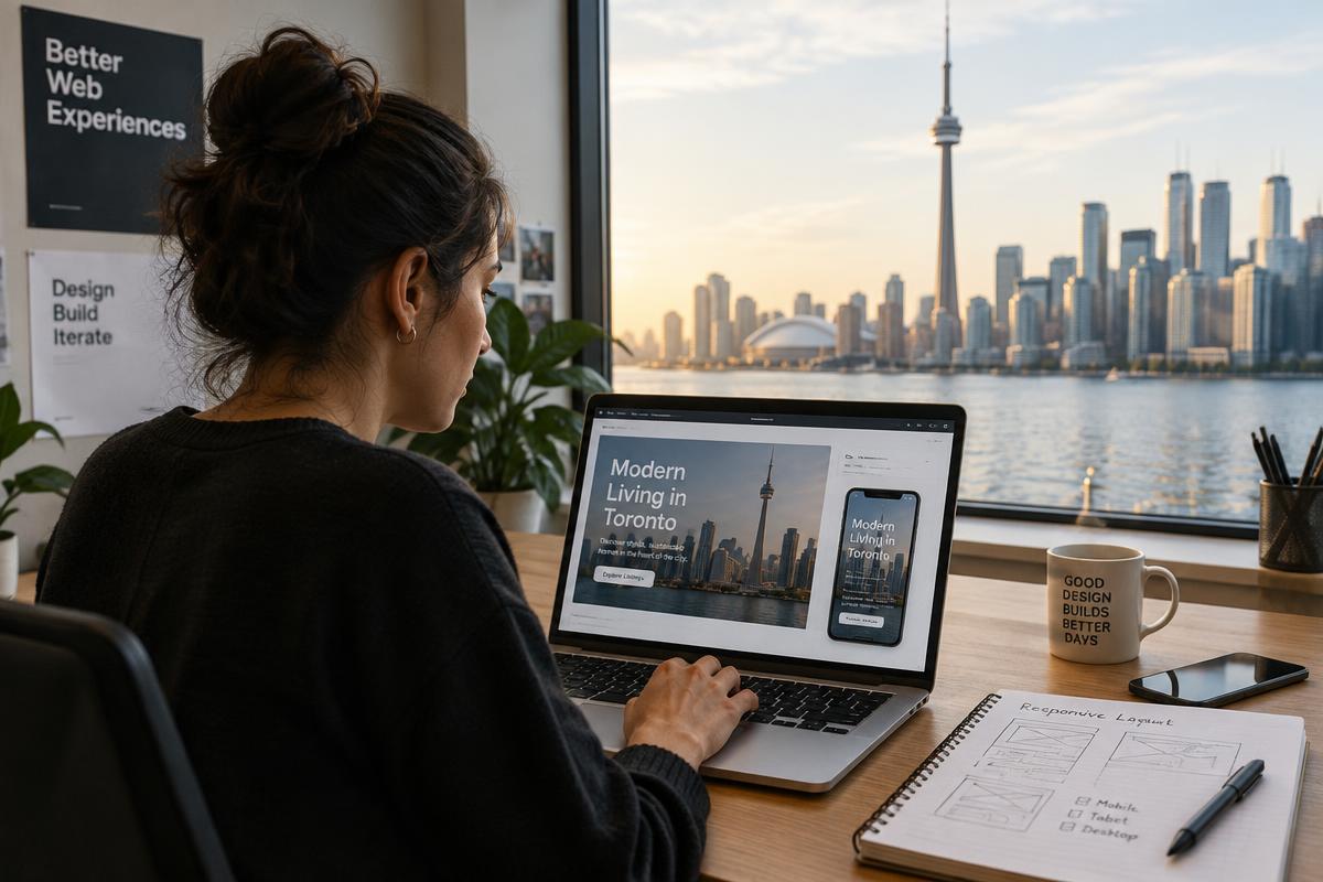 Web designer building a responsive website layout with the Toronto skyline in the background
