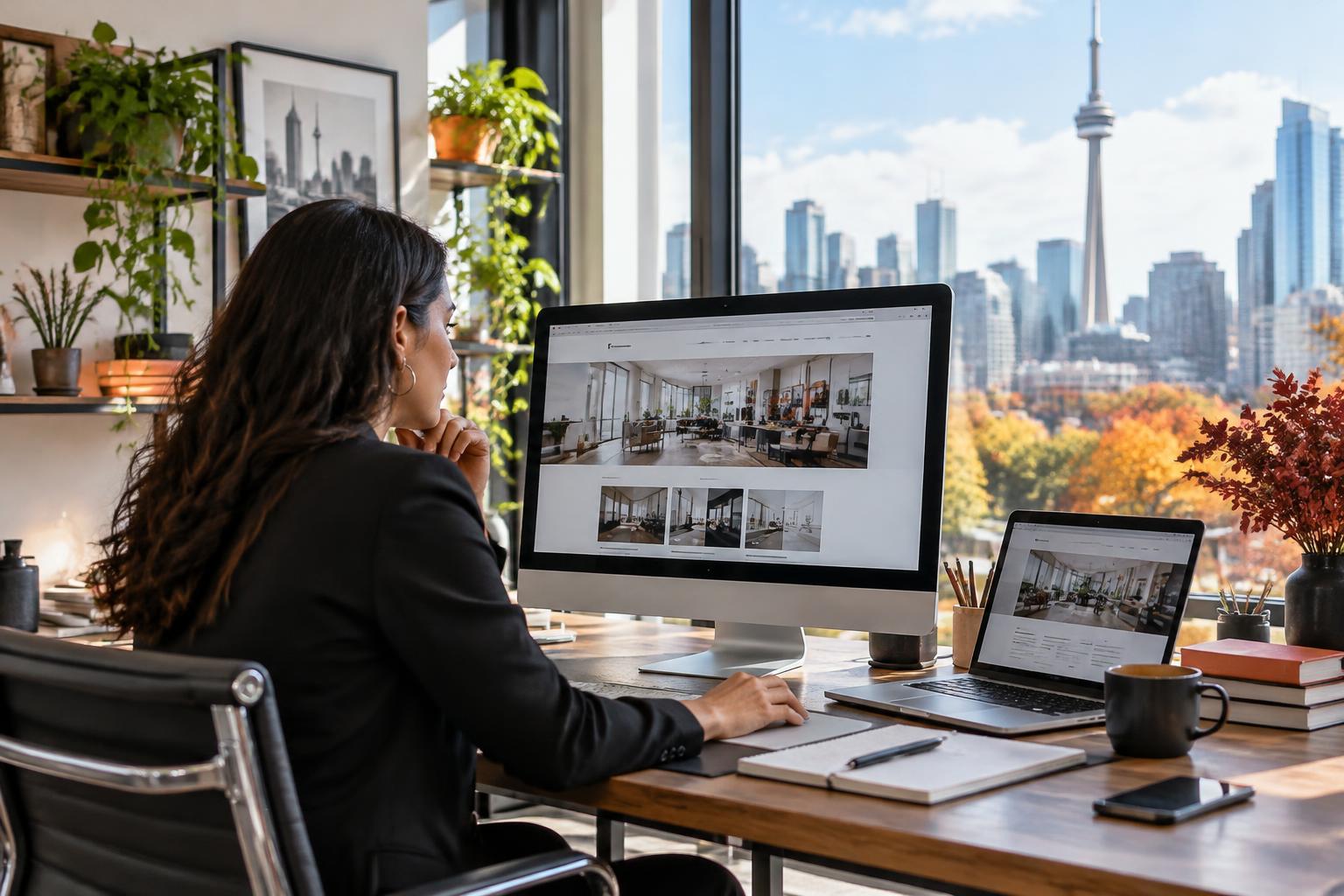 Toronto business owner reviewing a website at a desk overlooking the CN Tower in autumn