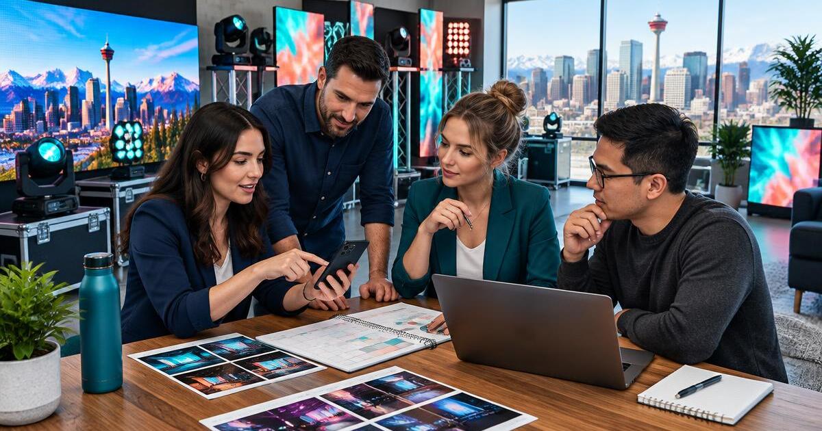 Calgary LED rental team planning social media content in a showroom