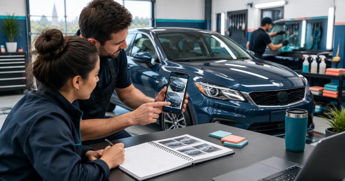 Ottawa automotive service team creating social media content beside a vehicle
