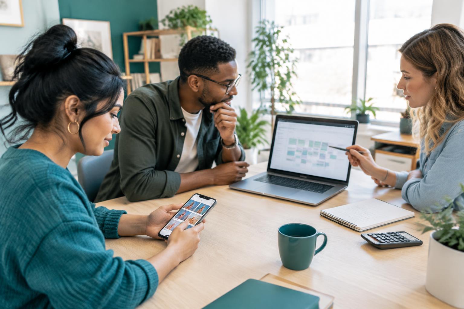 Small business team reviewing a social content calendar and Instagram posts together