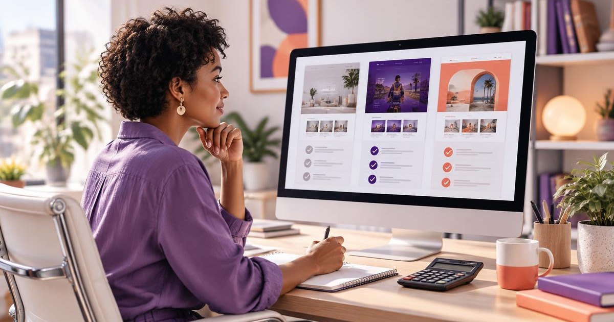 Business owner comparing three website design packages on a desktop computer
