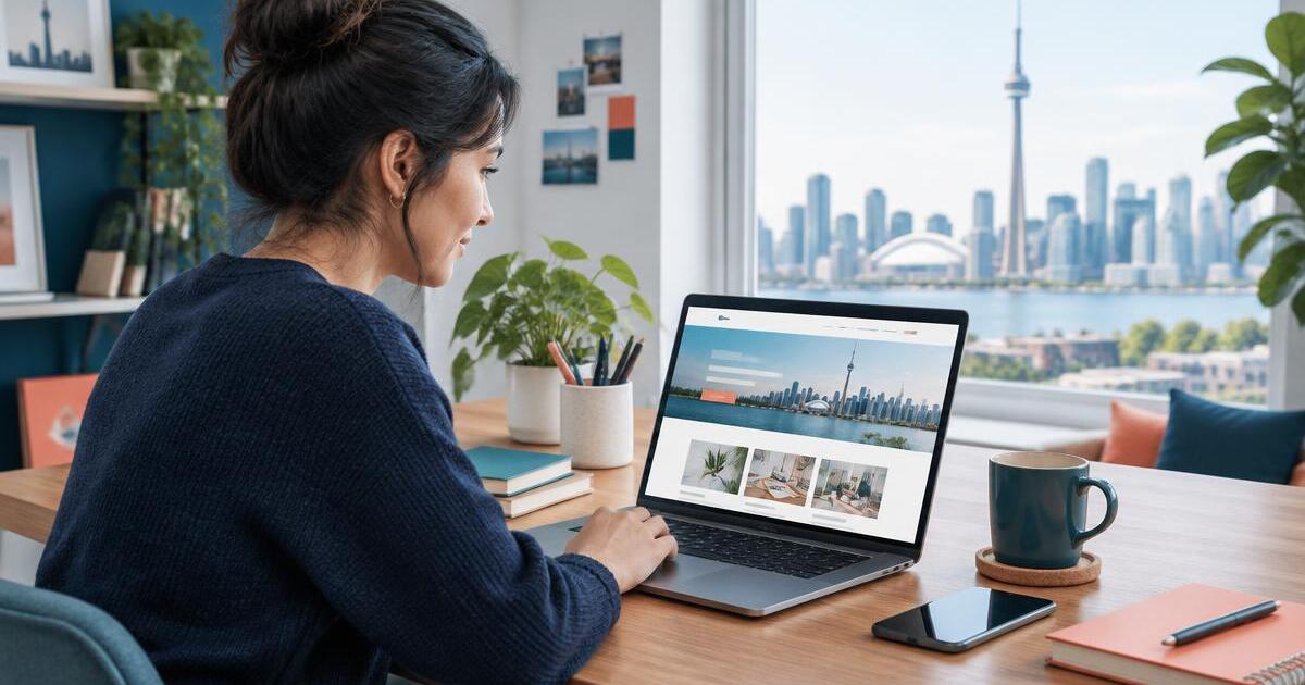 Toronto business owner reviewing a responsive website on a laptop